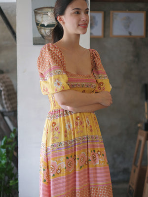 Jasmine midi dress - Yellow Boho print