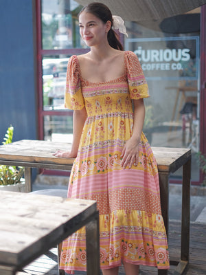 Jasmine midi dress - Yellow Boho print