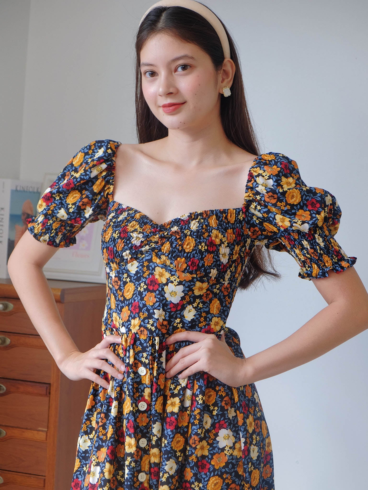 Olivia Knee Length Dress - navy blue floral