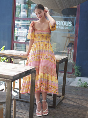 Jasmine midi dress - Yellow Boho print