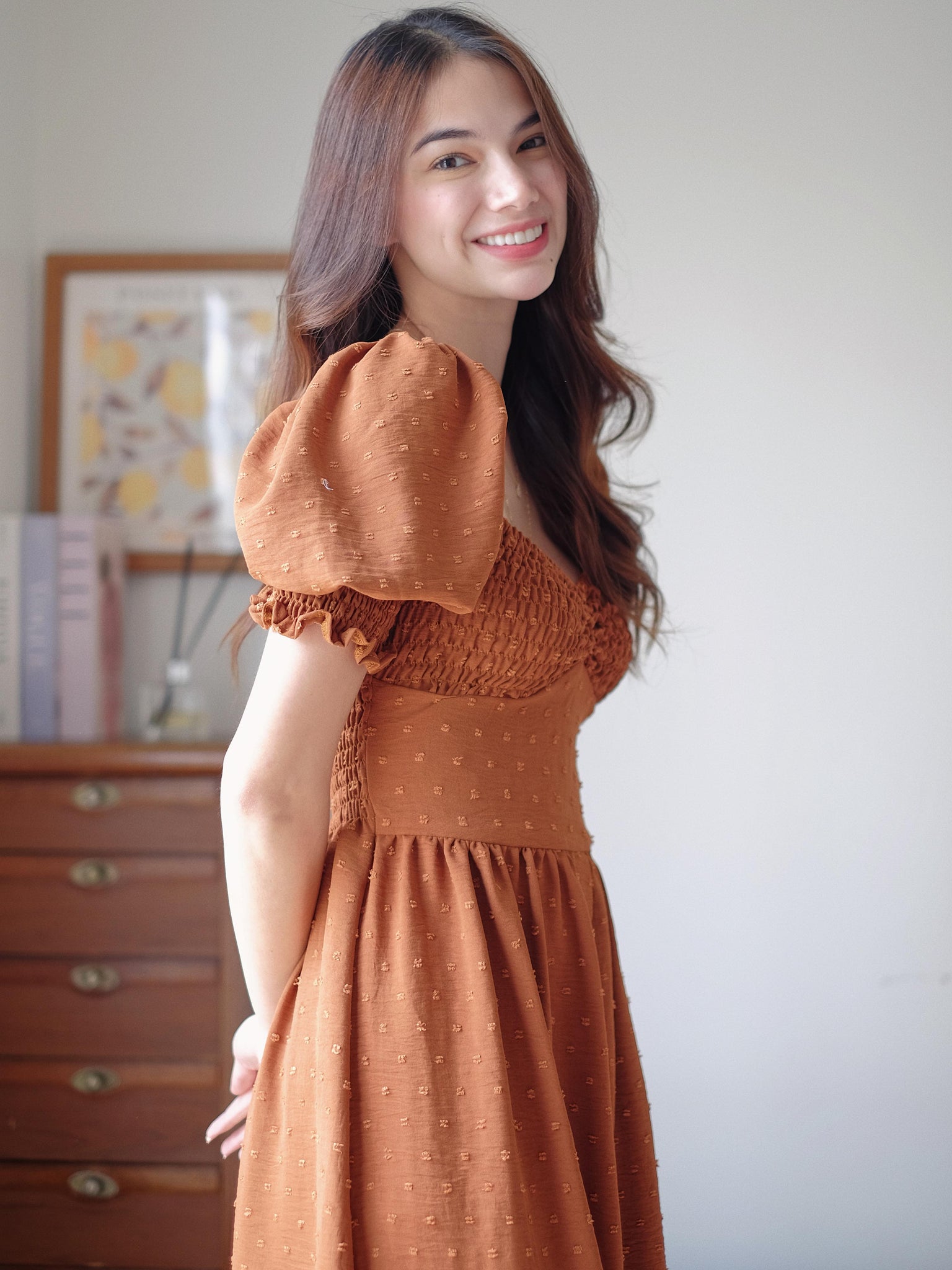 The Olivia knee length dress - Russet swiss dot