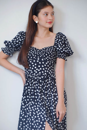 Olivia Knee Length Dress - polka black