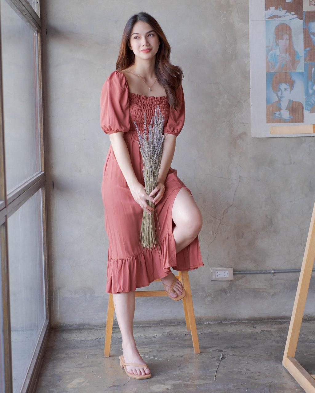 The Vanessa Midi Dress -  challis cotton blend rust