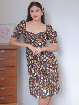 Olivia Knee Length Dress - navy blue floral