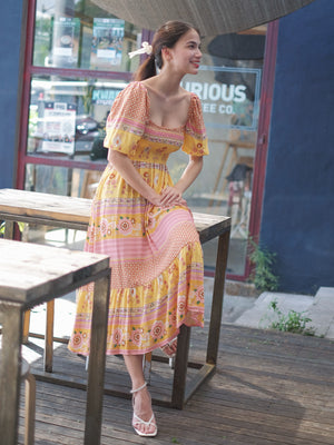 Jasmine midi dress - Yellow Boho print