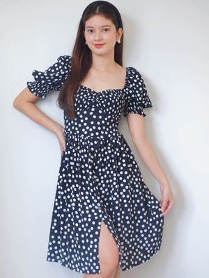Olivia Knee Length Dress - polka black