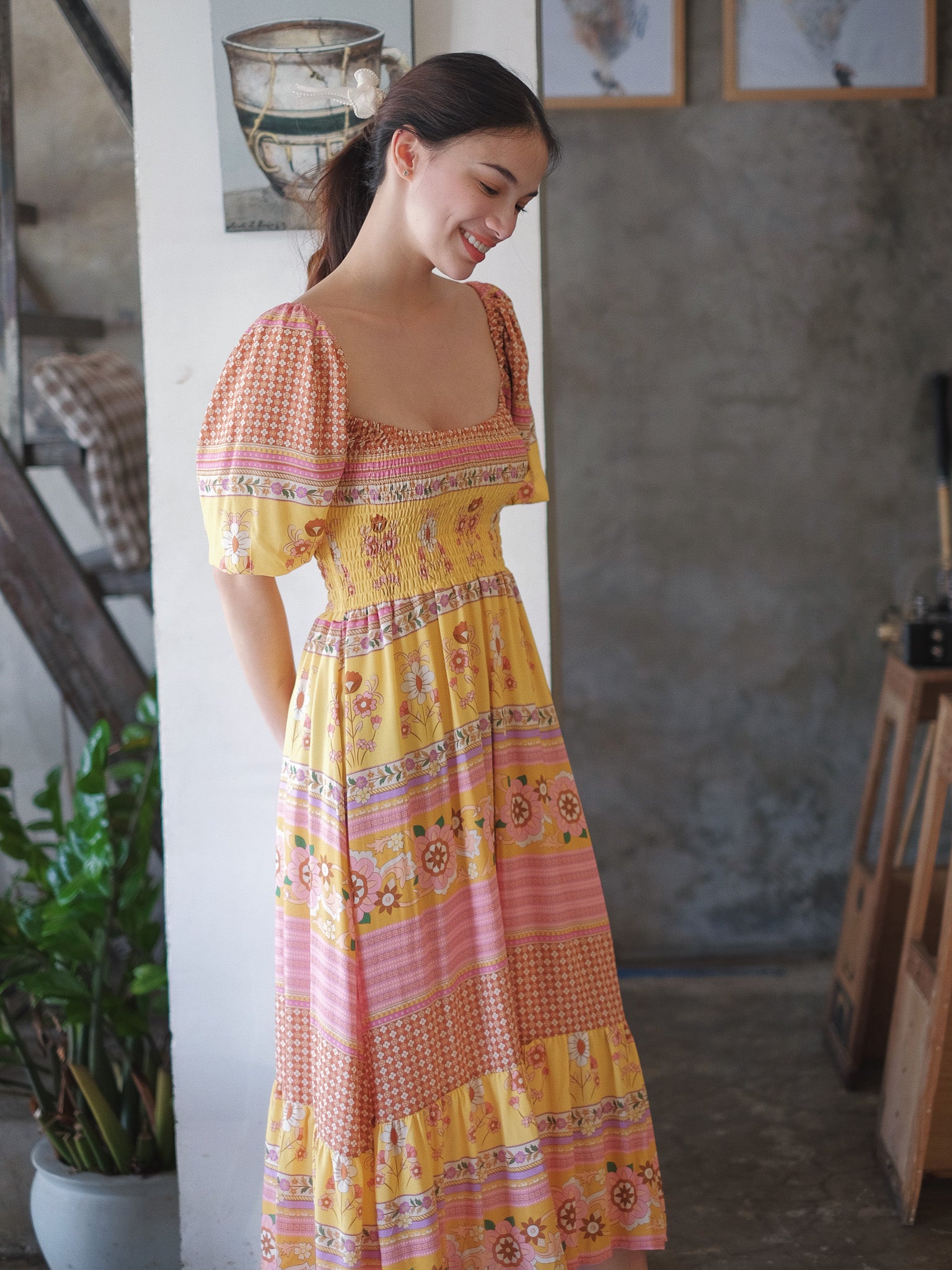 Jasmine midi dress - Yellow Boho print